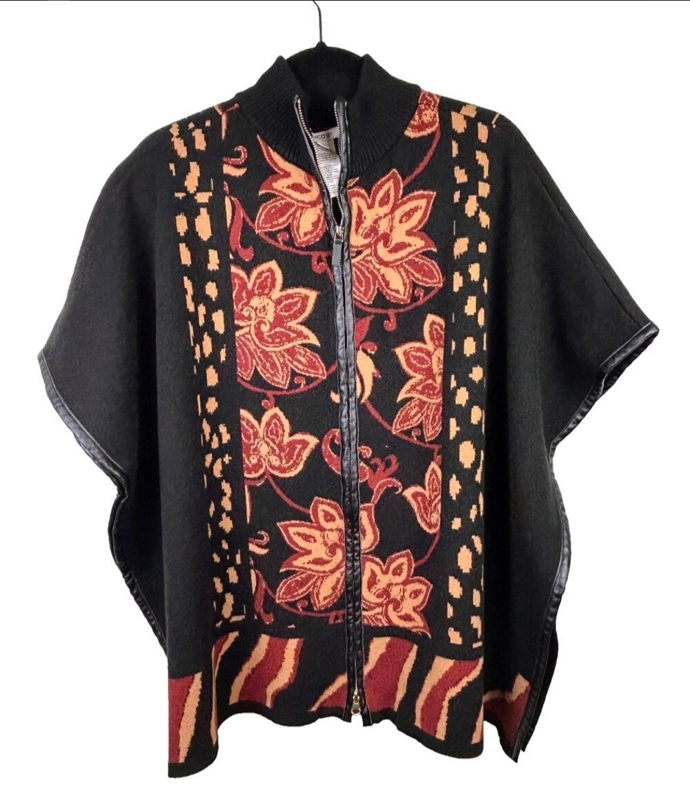 Chico's Black & Brown Floral Knit Zip-Front Poncho top L/XL
